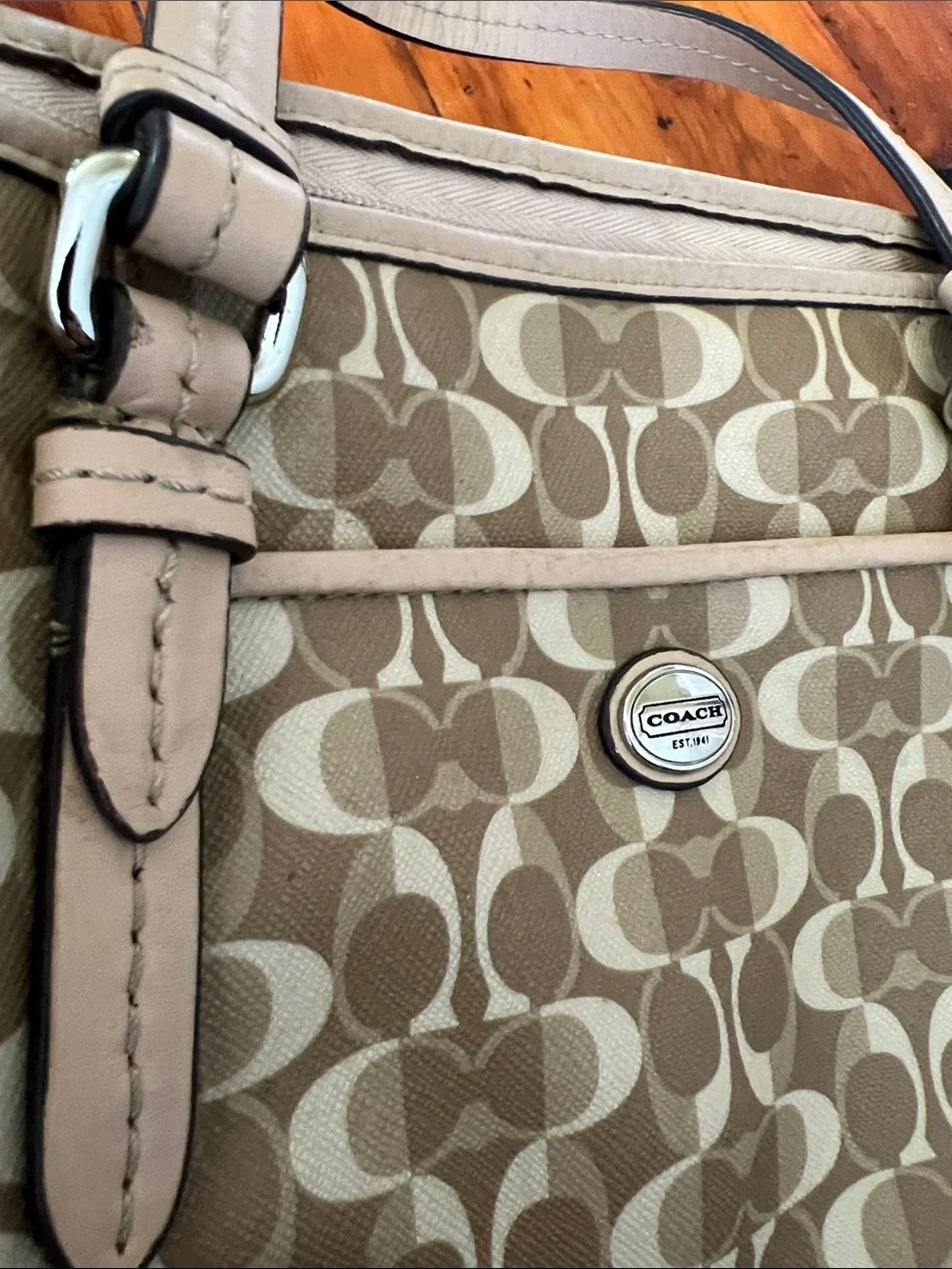 Coach Tan and Cream Signature Canvas Shoulder Bag